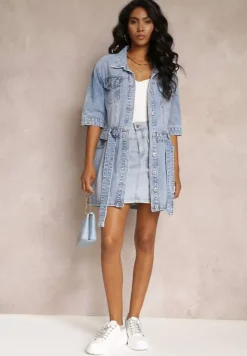 Niebieska Sukienka Koszulowa z Jeansu z Paskiem i Guzikami Avaleen
