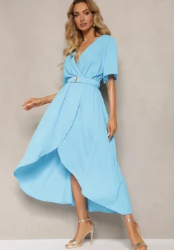 Niebieska Sukienka o Kopertowym Kroju z Marszczoną Gumką i Paskiem w Talii Dariane
