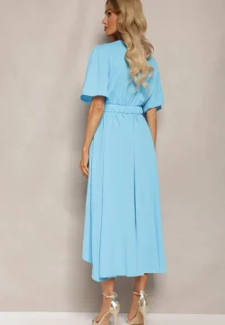 Niebieska Sukienka o Kopertowym Kroju z Marszczoną Gumką i Paskiem w Talii Dariane