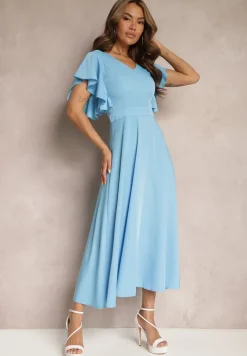 Niebieska Sukienka o Rozkloszowanym Kroju z Falbanami Bouchard