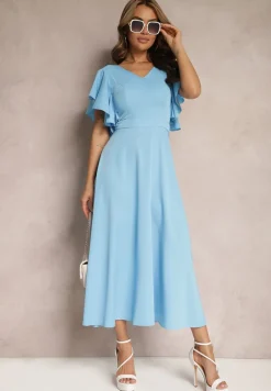 Niebieska Sukienka o Rozkloszowanym Kroju z Falbanami Bouchard