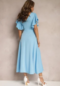 Niebieska Sukienka o Rozkloszowanym Kroju z Falbanami Bouchard