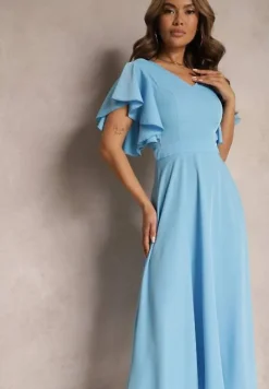 Niebieska Sukienka o Rozkloszowanym Kroju z Falbanami Bouchard