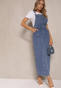 Niebieska Sukienka Ogrodniczka z Bawełny Ozdobiona Kieszonką Firhiria