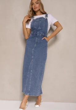 Niebieska Sukienka Ogrodniczka z Bawełny Ozdobiona Kieszonką Firhiria