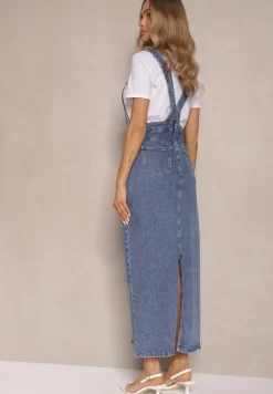 Niebieska Sukienka Ogrodniczka z Bawełny Ozdobiona Kieszonką Firhiria