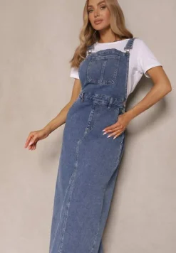 Niebieska Sukienka Ogrodniczka z Bawełny Ozdobiona Kieszonką Firhiria