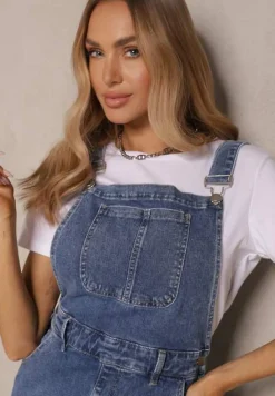 Niebieska Sukienka Ogrodniczka z Bawełny Ozdobiona Kieszonką Firhiria