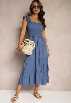 Niebieska Sukienka z Bawełny na Ramiączkach Ozdobiona Falbanami i Gumkami Mevalys