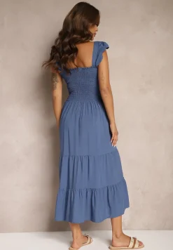 Niebieska Sukienka z Bawełny na Ramiączkach Ozdobiona Falbanami i Gumkami Mevalys