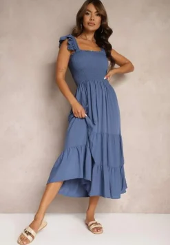 Niebieska Sukienka z Bawełny na Ramiączkach Ozdobiona Falbanami i Gumkami Mevalys