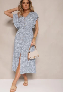 Niebieska Sukienka z Bawełny w Cętki o Rozkloszowanym Kroju z Guzikami Aluvellae