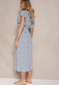 Niebieska Sukienka z Bawełny w Cętki o Rozkloszowanym Kroju z Guzikami Aluvellae