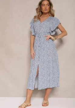 Niebieska Sukienka z Bawełny w Cętki o Rozkloszowanym Kroju z Guzikami Aluvellae
