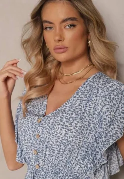 Niebieska Sukienka z Bawełny w Cętki o Rozkloszowanym Kroju z Guzikami Aluvellae