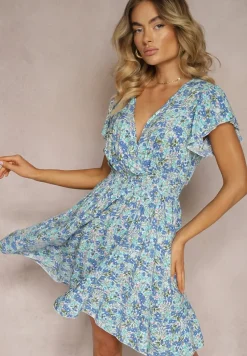 Niebieska Sukienka z Bawełny w Drobne Kwiaty z Kopertowym Dekoltem i Gumką w Talii Calnea