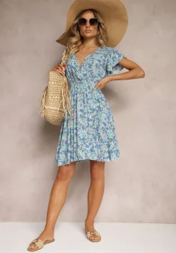 Niebieska Sukienka z Bawełny w Drobne Kwiaty z Kopertowym Dekoltem i Gumką w Talii Calnea