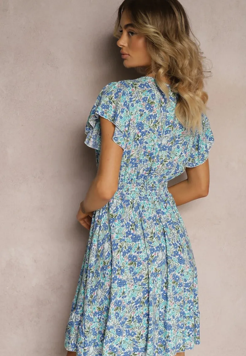 Niebieska Sukienka z Bawełny w Drobne Kwiaty z Kopertowym Dekoltem i Gumką w Talii Calnea