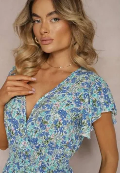 Niebieska Sukienka z Bawełny w Drobne Kwiaty z Kopertowym Dekoltem i Gumką w Talii Calnea