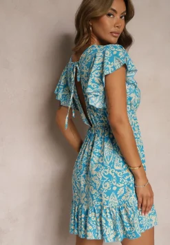 Niebieska Sukienka z Bawełny o Rozkloszowanym Kroju Ozdobiona Falbanami i Gumką w Talii Neliaura