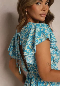 Niebieska Sukienka z Bawełny o Rozkloszowanym Kroju Ozdobiona Falbanami i Gumką w Talii Neliaura