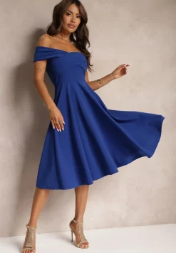 Niebieska Sukienka z Hiszpańskim Dekoltem o Rozkloszowanym Kroju Pelorea