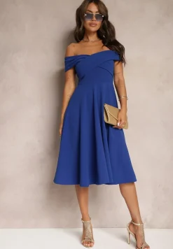 Niebieska Sukienka z Hiszpańskim Dekoltem o Rozkloszowanym Kroju Pelorea