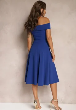 Niebieska Sukienka z Hiszpańskim Dekoltem o Rozkloszowanym Kroju Pelorea