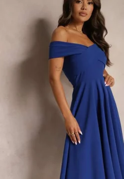 Niebieska Sukienka z Hiszpańskim Dekoltem o Rozkloszowanym Kroju Pelorea