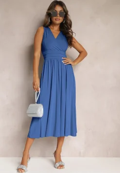Niebieska Sukienka z Kopertowym Dekoltem i Plisowanym Dołem Anamarie