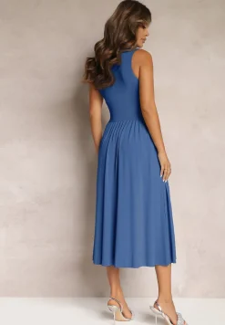 Niebieska Sukienka z Kopertowym Dekoltem i Plisowanym Dołem Anamarie