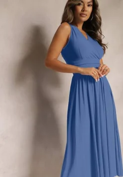 Niebieska Sukienka z Kopertowym Dekoltem i Plisowanym Dołem Anamarie