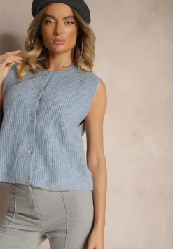 Niebieska Sweterkowa Kamizelka z Domieszką Wełny i Zapięciem na Guziki Savanira