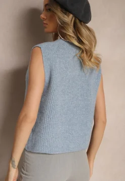 Niebieska Sweterkowa Kamizelka z Domieszką Wełny i Zapięciem na Guziki Savanira