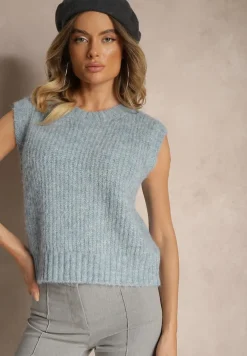 Niebieska Sweterkowa Kamizelka z Wełną z Prążkowanego Materiału Titheora