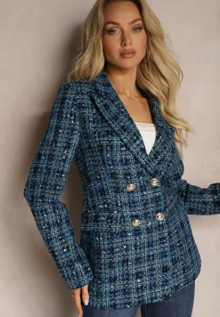 Niebieska Tweedowa Marynarka Dwurzędowa Zapinana na Biżuteryjne Guziki Nallet
