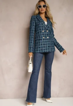 Niebieska Tweedowa Marynarka Dwurzędowa Zapinana na Biżuteryjne Guziki Nallet