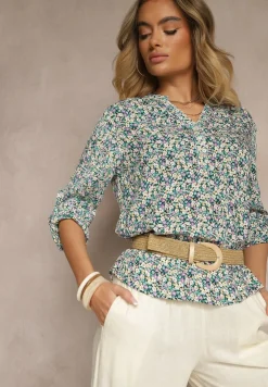 Niebieska Wiskozowa Bluzka w Kwiaty o Koszulowym Kroju z Podpinanymi Rękawami Edinoriela