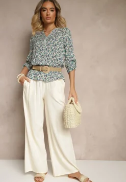 Niebieska Wiskozowa Bluzka w Kwiaty o Koszulowym Kroju z Podpinanymi Rękawami Edinoriela