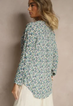 Niebieska Wiskozowa Bluzka w Kwiaty o Koszulowym Kroju z Podpinanymi Rękawami Edinoriela