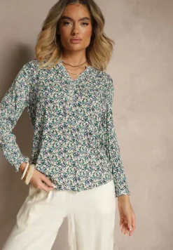Niebieska Wiskozowa Bluzka w Kwiaty o Koszulowym Kroju z Podpinanymi Rękawami Edinoriela