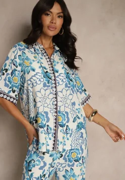 Niebieska Wiskozowa Koszula w Kwiaty Milandena