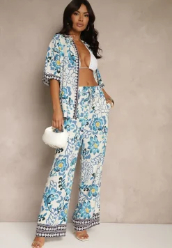 Niebieska Wiskozowa Koszula w Kwiaty Milandena