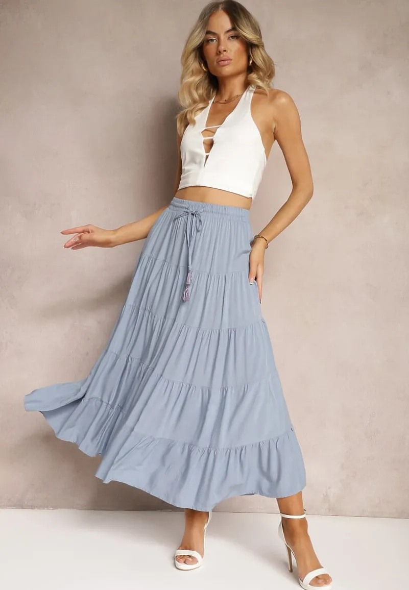 Niebieska Wiskozowa Spódnica High Waist o Rozkloszowanym Kroju z Wiązaniem i Gumką w Talii Leceviana