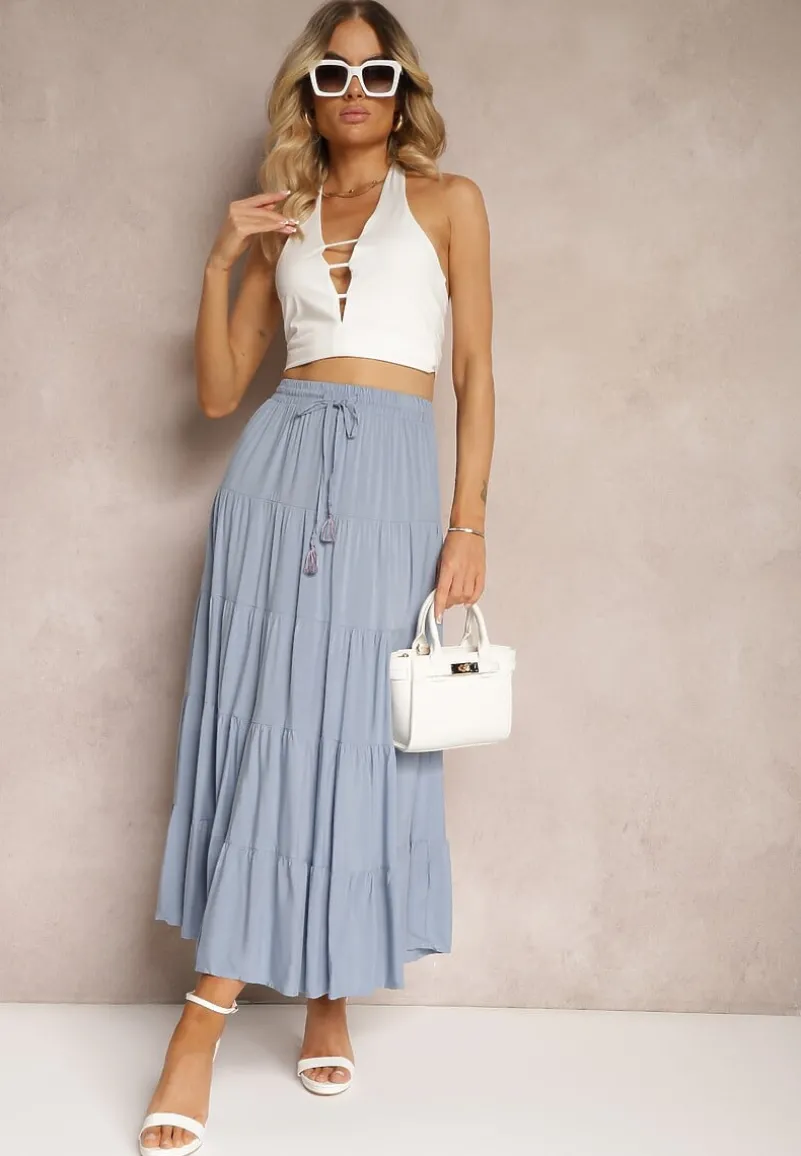Niebieska Wiskozowa Spódnica High Waist o Rozkloszowanym Kroju z Wiązaniem i Gumką w Talii Leceviana
