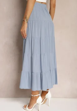 Niebieska Wiskozowa Spódnica High Waist o Rozkloszowanym Kroju z Wiązaniem i Gumką w Talii Leceviana