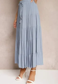 Niebieska Wiskozowa Spódnica High Waist o Rozkloszowanym Kroju z Wiązaniem i Gumką w Talii Leceviana