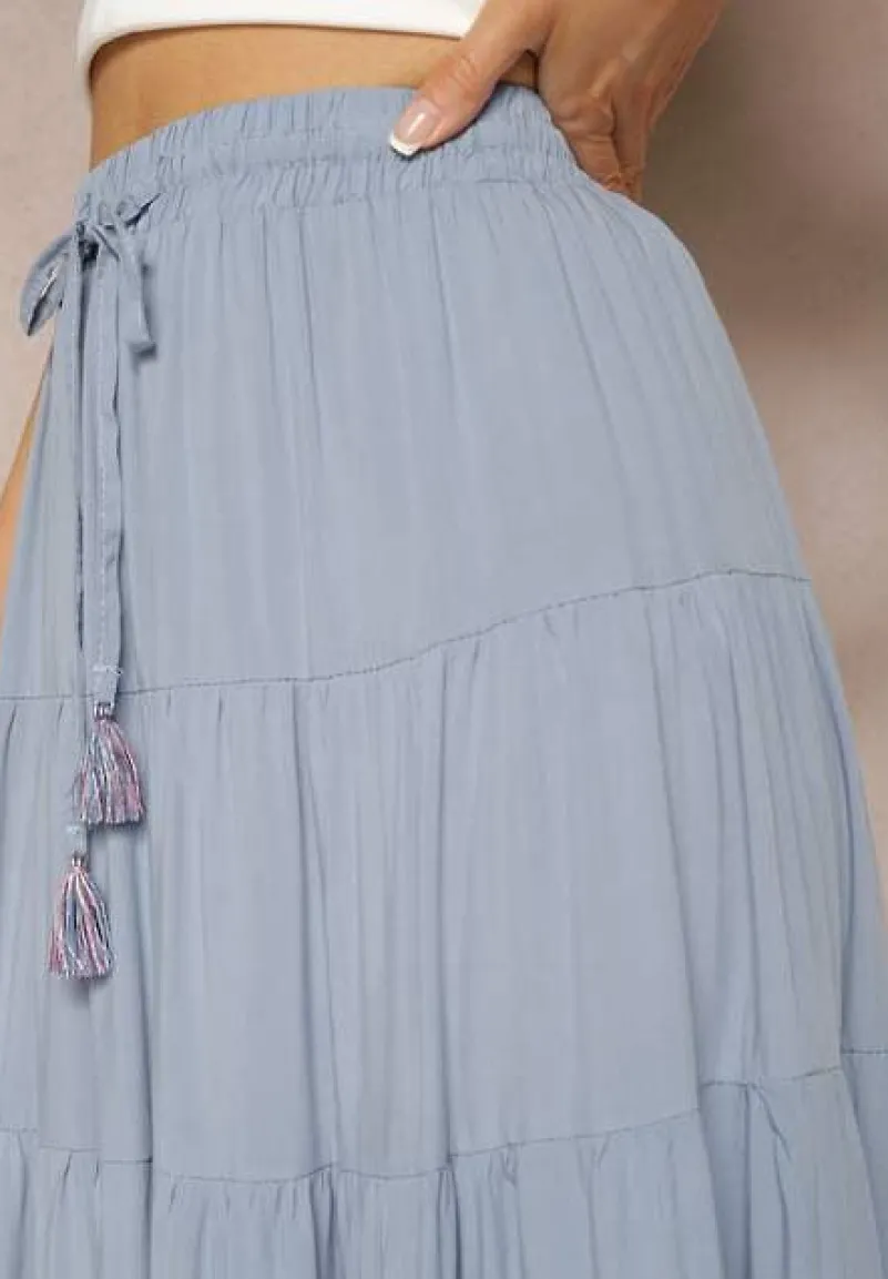 Niebieska Wiskozowa Spódnica High Waist o Rozkloszowanym Kroju z Wiązaniem i Gumką w Talii Leceviana