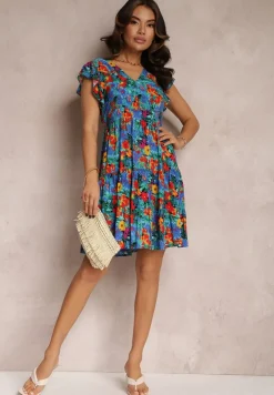 Niebieska Wiskozowa Sukienka Mini z Falbaną Linne