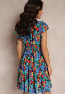 Niebieska Wiskozowa Sukienka Mini z Falbaną Linne